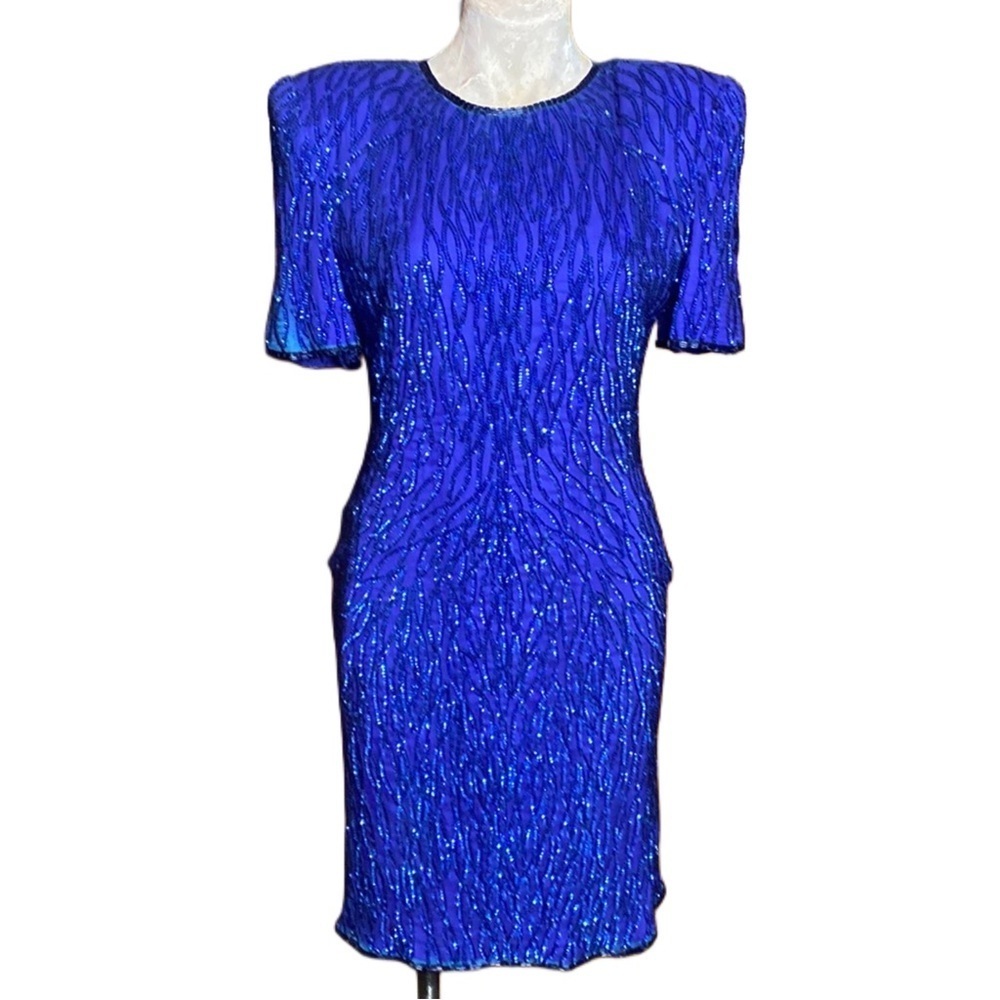 Vintage 80s cobalt Blue Sequin Sleeve Sparkle Silk Cocktail Midi Dress Sz L